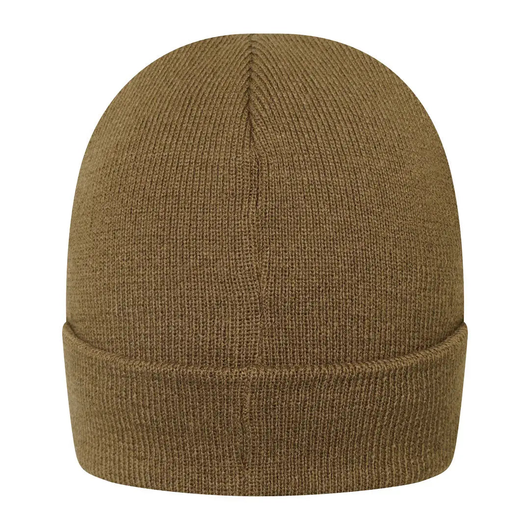 Tan knit Harehill Beanie with a folded brim to keep outdoor enthusiasts warm