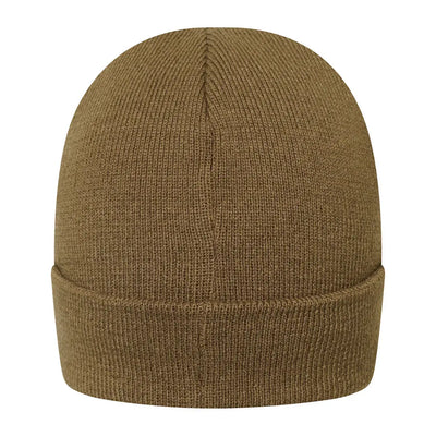 Tan knit Harehill Beanie with a folded brim to keep outdoor enthusiasts warm