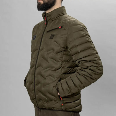 Olive green Harkila Clim8 Insulated Jacket with high collar and power bank feature
