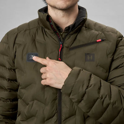 Olive green Clim8 Insulated Jacket with hand pointing to chest logo and power bank feature