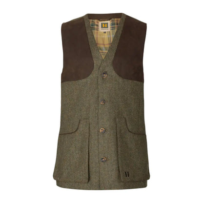 Olive green tweed Kenmore Shooting Waistcoat with brown shoulder patches for shooting prep