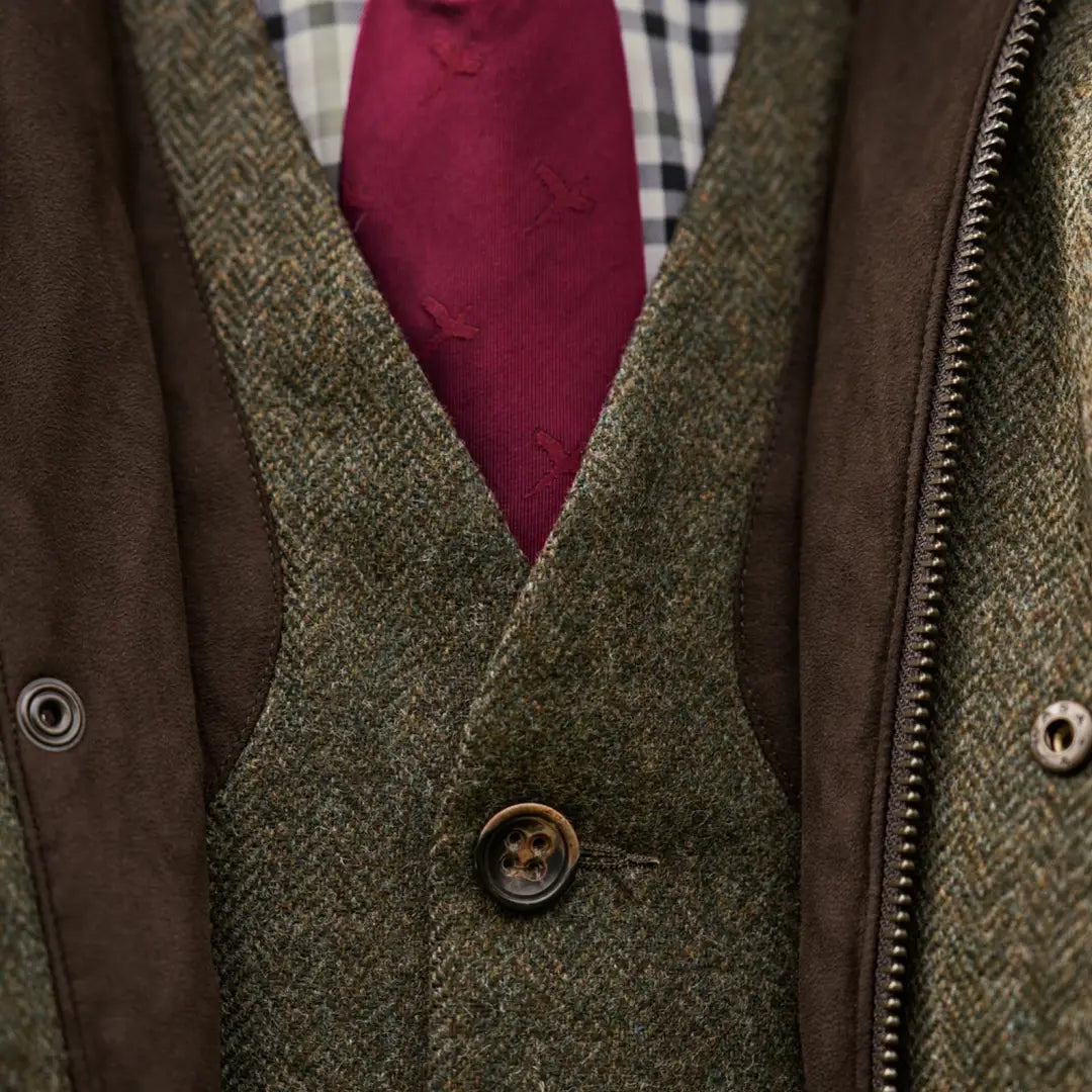 Harkila Kenmore Shooting Waistcoat with Herringbone Tweed and Burgundy Tie