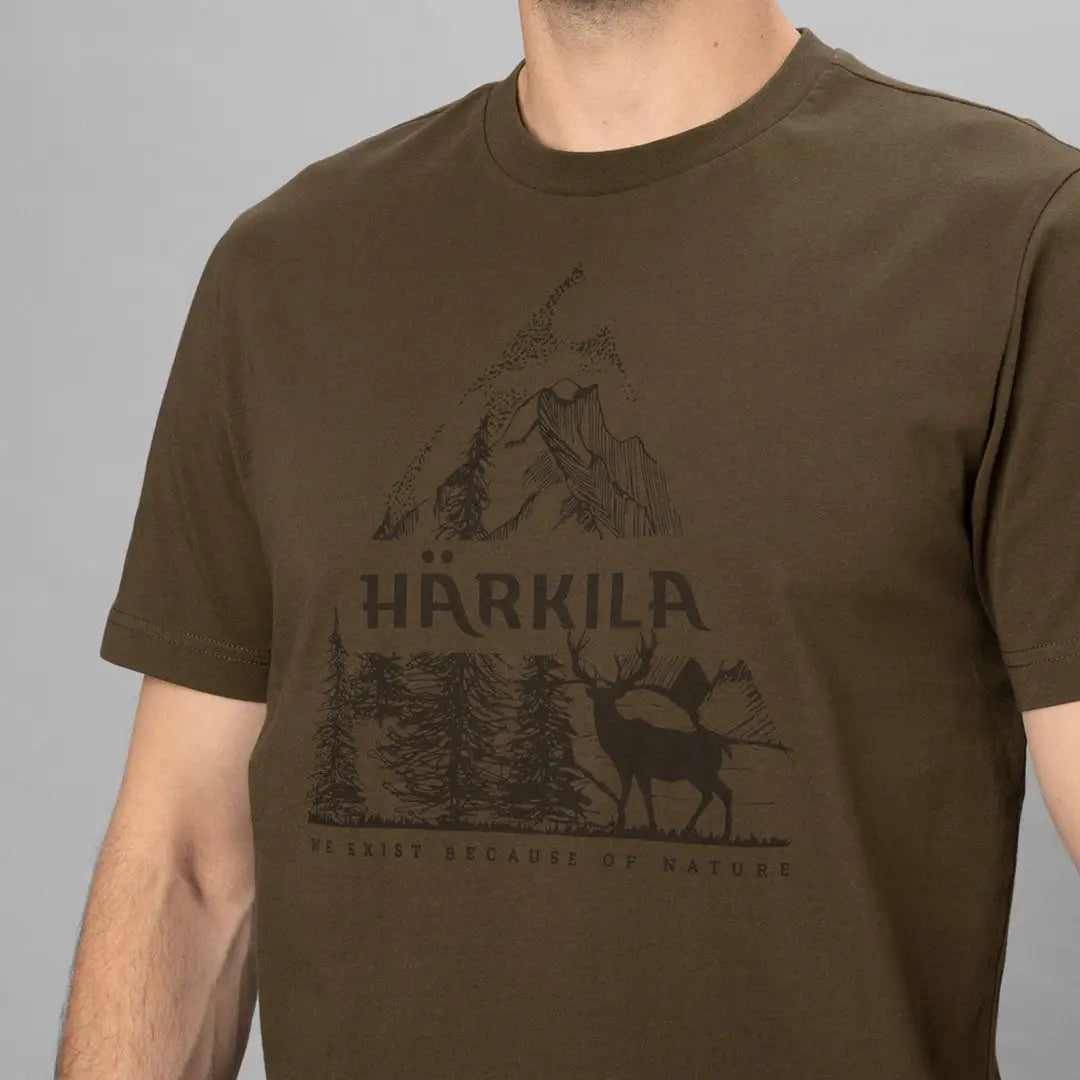 Olive green Harkila Nature T-shirt with mountain and deer graphic for outdoor hunting fun
