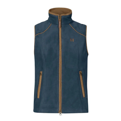 Blue sleeveless vest featuring a brown zipper, stylishly fits the female figure perfectly