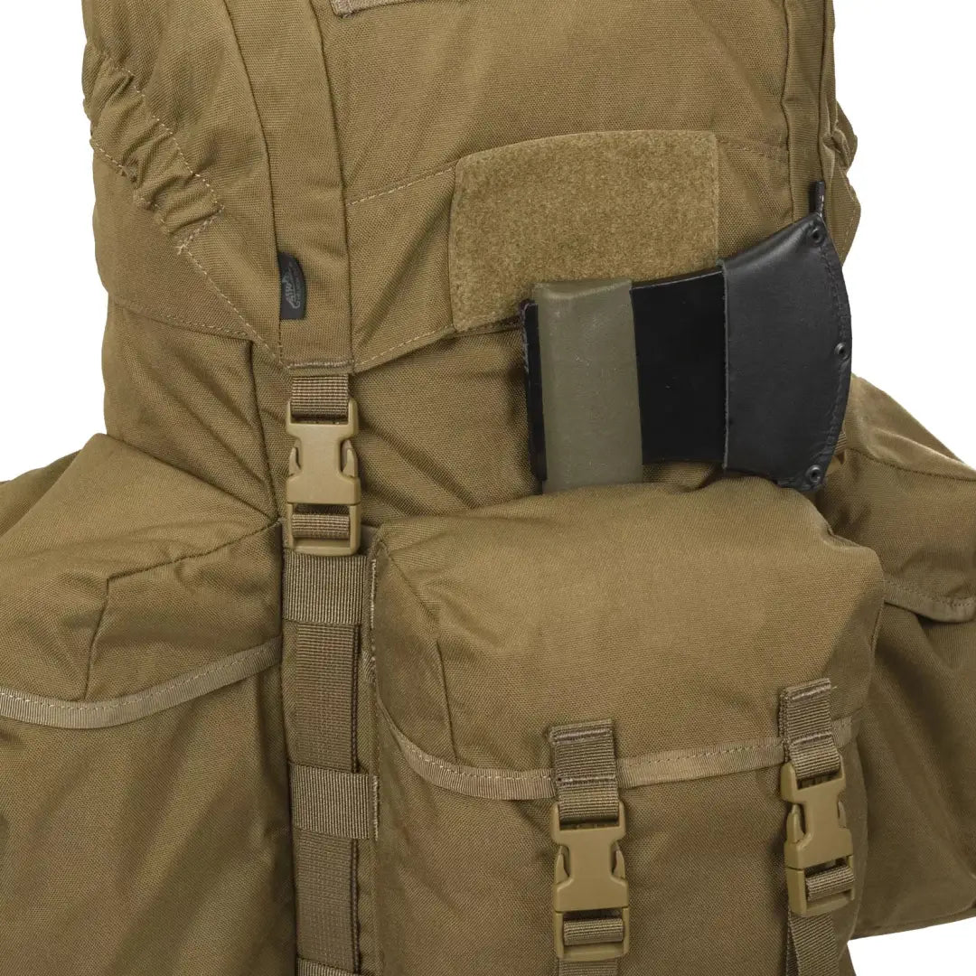 Tan tactical Bergen backpack from Helikon-Tex Bushcraft Line, perfect for outdoor adventures