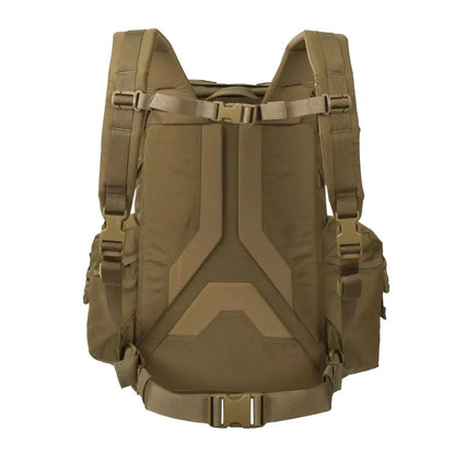 Tan tactical bergen backpack from Helikon-Tex’s bushcraft line, perfect for outdoor adventures