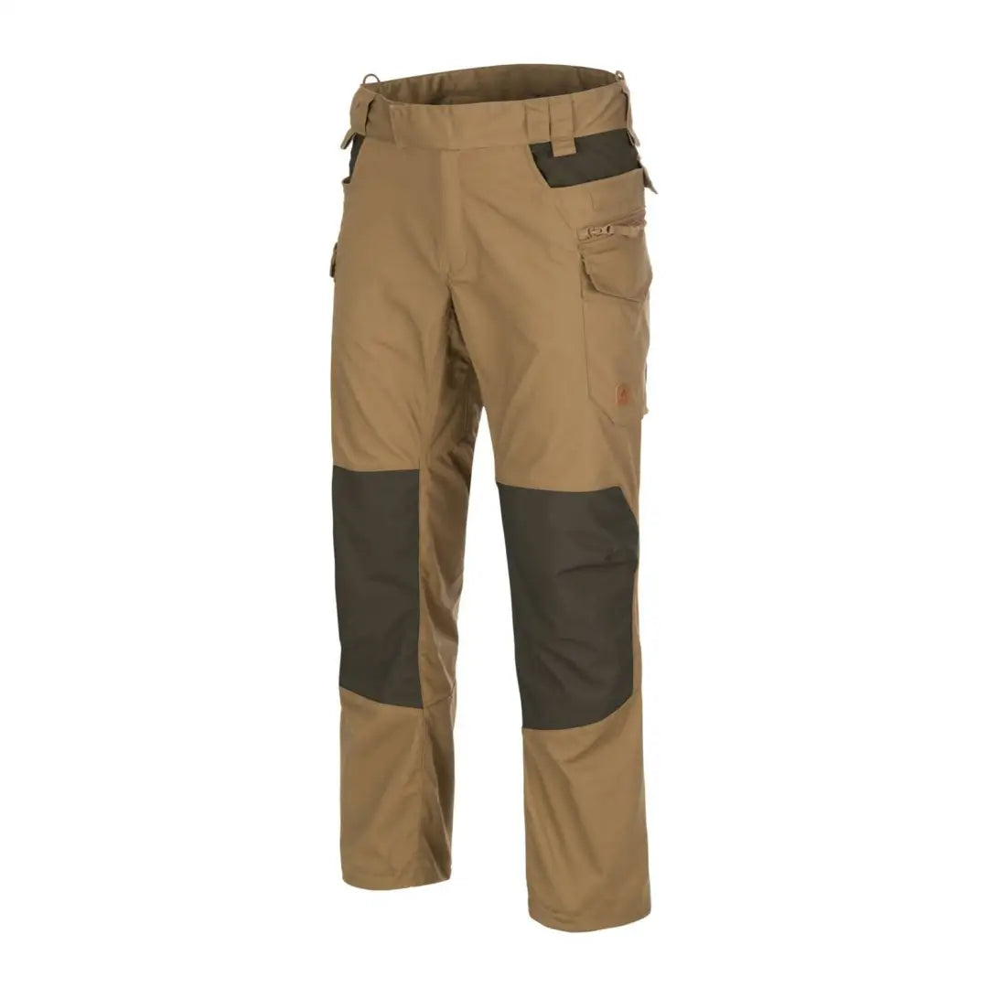 Two-tone khaki and dark brown Helikon-Tex Pilgrim Pants with reinforced knees, perfect country clothing