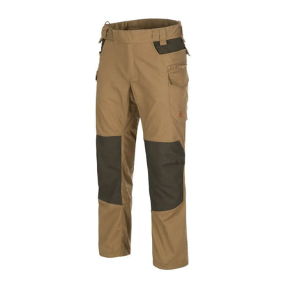 Two-tone khaki and dark brown Helikon-Tex Pilgrim Pants with reinforced knees, perfect country clothing