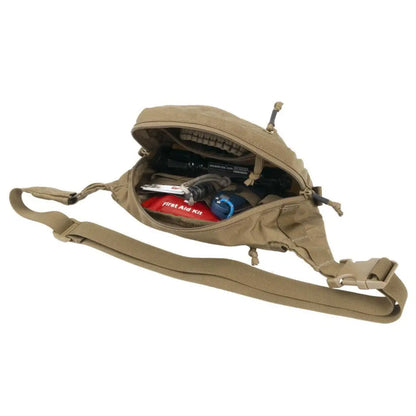 Tan Helikon-Tex Possum Cordura Waist Pack for outdoor hunting with gear visible inside