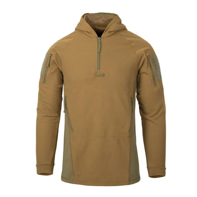 Tan Helikon-Tex Range Hoodie, a tactical hoodie designed with quarter-zip and arm pockets