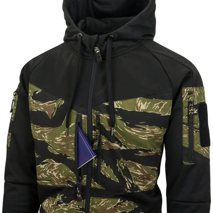 Hooded Helikon-Tex Rogue Full-Zip Hoodie in black and camouflage, perfect for outdoors adventures
