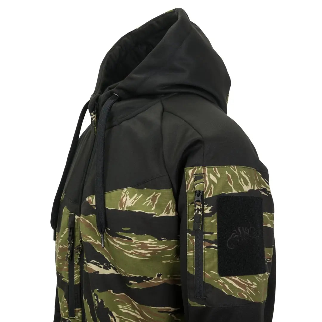 Hooded camouflage jacket in black and green for outdoor adventures and hunting