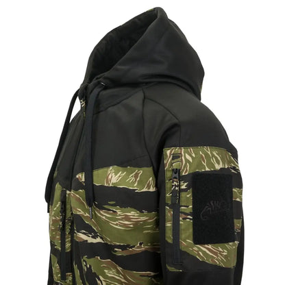Hooded camouflage jacket in black and green for outdoor adventures and hunting