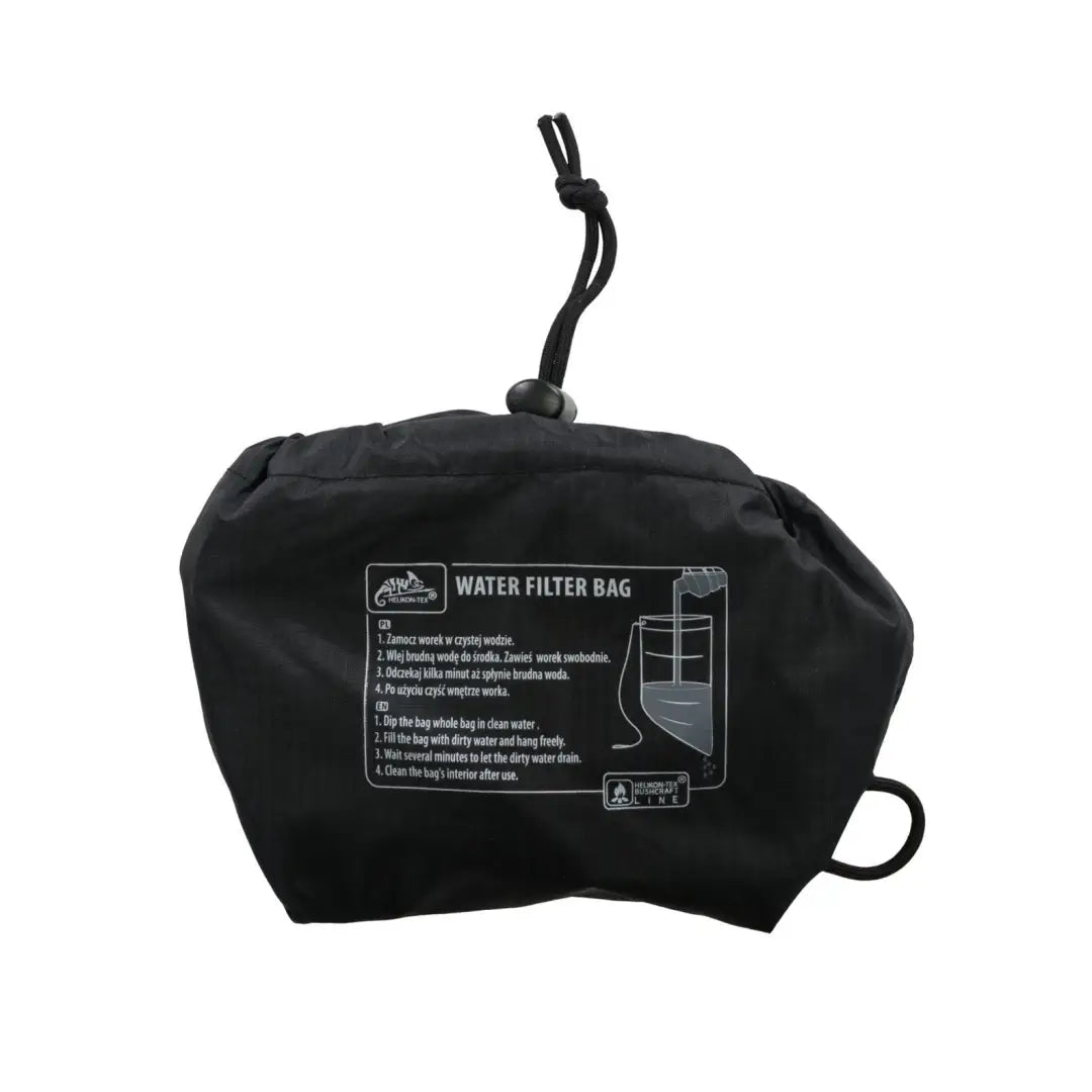 Black water filter bag with drawstring and printed instructions for Helikon-Tex Survival