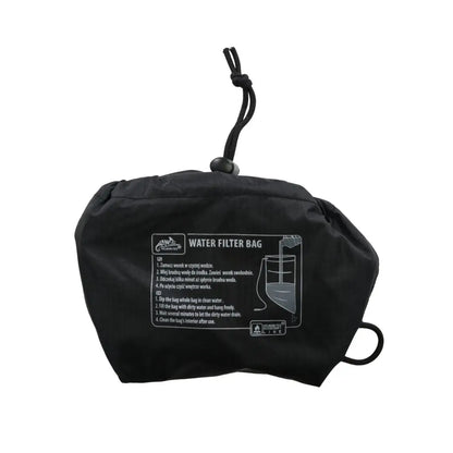 Black water filter bag with drawstring and printed instructions for Helikon-Tex Survival
