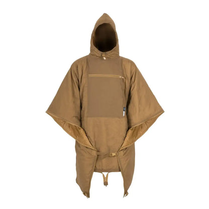 Tan Helikon-Tex Swagman Roll Poncho with wide sleeves and front pocket for carrying sleeping bags