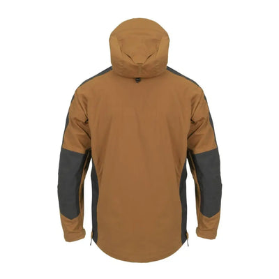 Hooded Helikon-Tex Woodsman Anorak Jacket in tan and dark gray for outdoor adventures