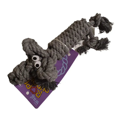 Gray dachshund rope buddy dog toy with googly eyes and purple tag for playful companions