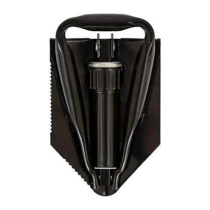 Folded black Highlander Double Folding Shovel for easy storage and outdoor use