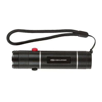 Black cylindrical Highlander Hawkeye Dual Button Hand Torch with red button and wrist strap