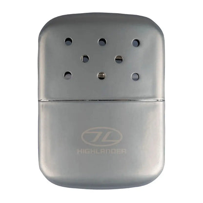 Silver metal hand warmer from Highlander Pocket Furnace for cozy hands on the go