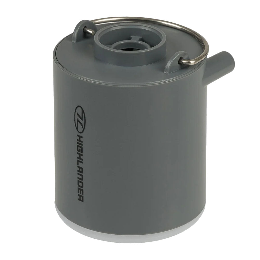 Gray cylindrical container with metal handle for Highlander Wee Banshee Micro lightweight pump