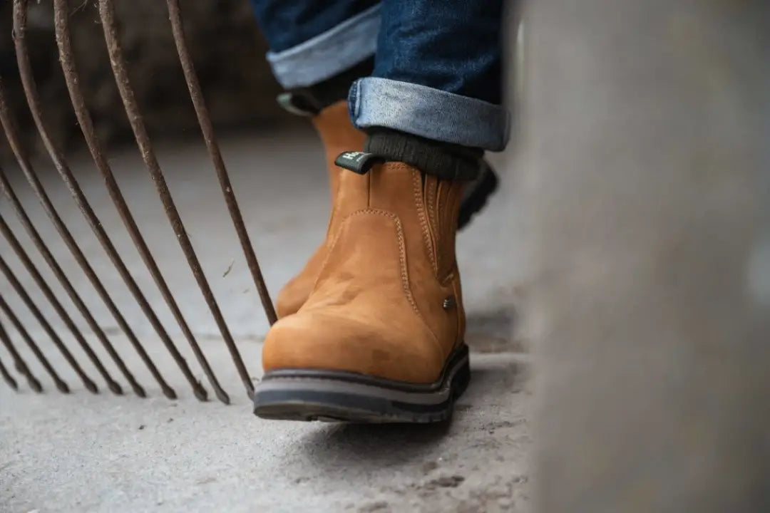Tan leather Hoggs of Fife Air-Shire Dealer Boots with metal accents for hunting and country clothing