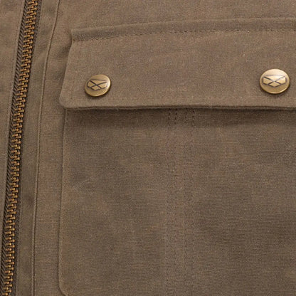 Brown waxed canvas jacket with zip closure and buttoned pocket for Hoggs of Fife Balfour Waxed Canvas Gilet