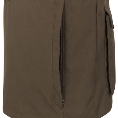 Close-up of brown Hoggs of Fife Ballater Waterproof Field Waistcoat with zippered pocket