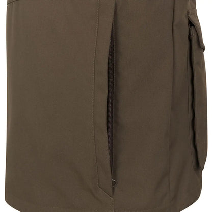 Close-up of brown Hoggs of Fife Ballater Waterproof Field Waistcoat with zippered pocket