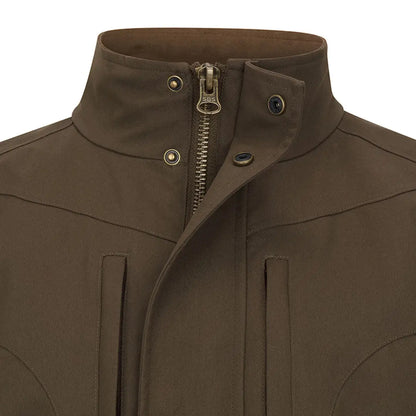 Close-up of brown Hoggs of Fife Ballater Waterproof Field Waistcoat collar with zipper and snap