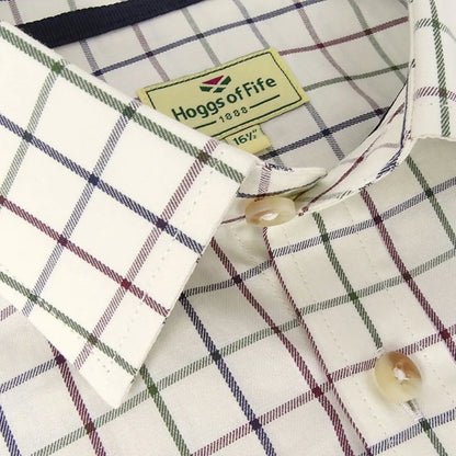 Men’s Hoggs Of Fife Balmoral Luxury Tattersall Shirt with plaid pattern and tan collar tag