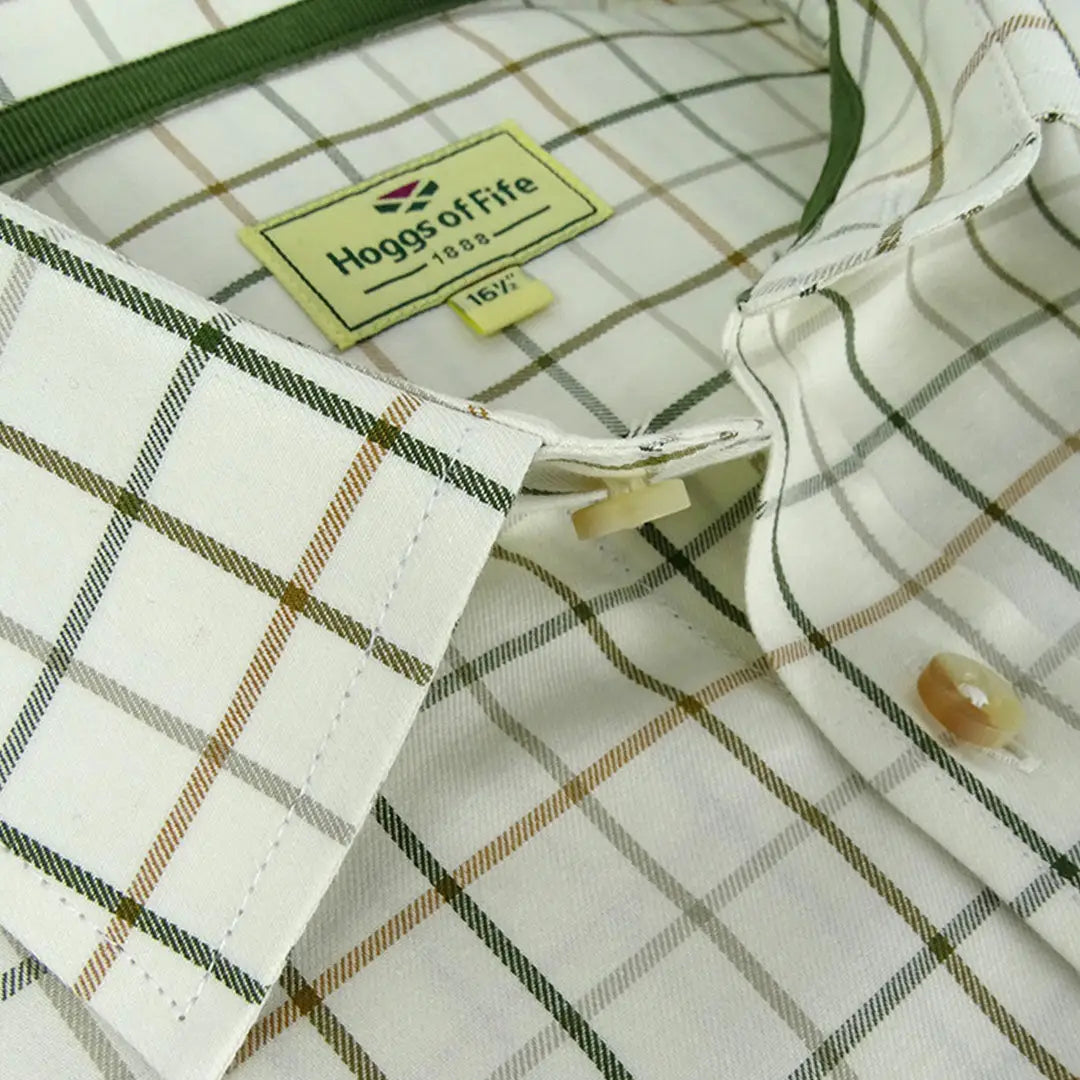 White plaid Hoggs Of Fife Balmoral shirt with brown and green stripes, stylish colour combo