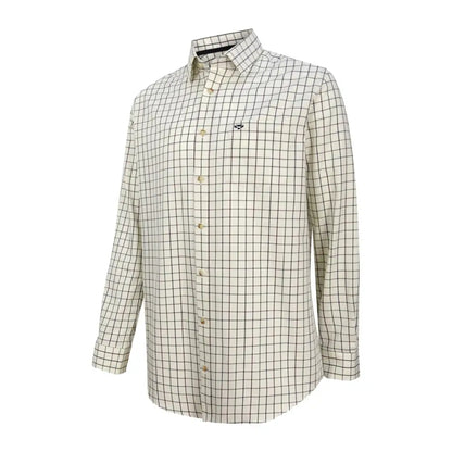 White button-down Fife Balmoral Luxury Tattersall shirt with black grid and logo