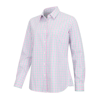 Pink and teal checkered Hoggs Of Fife Becky II Ladies Cotton Shirt in lightweight cotton fabric