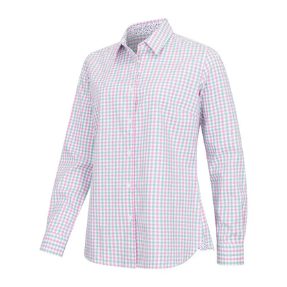 Pink and teal checkered Hoggs Of Fife Becky II Ladies Cotton Shirt in lightweight cotton fabric