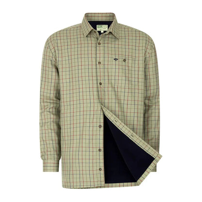 Beige checkered button-up shirt with navy lining, perfect micro fleece for smart traditional tartan vibes