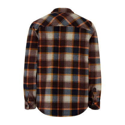 Plaid flannel Brucefield Fleece Shacket in brown, orange, blue, and cream colors