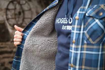 Navy blue fleece vest with Hoggs of Fife Brunton Sherpa lined shacket and plaid shirt