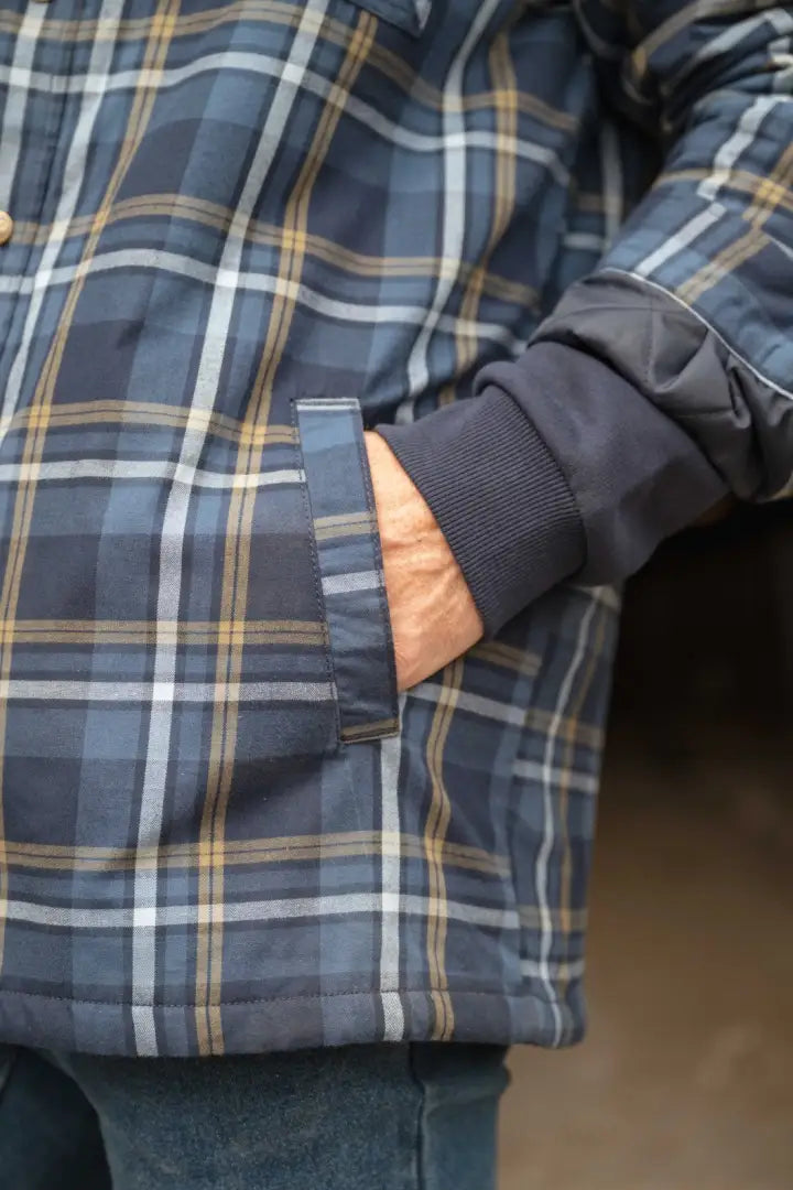 Plaid flannel shirt with navy and orange accents, cotton, part of Hoggs of Fife Brunton Sherpa Lined Shacket