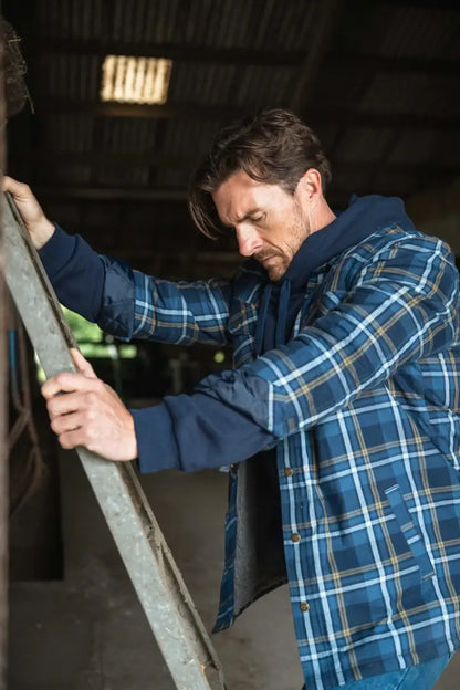 Blue plaid hoggs of fife brunton sherpa lined shacket with navy sleeves and collar