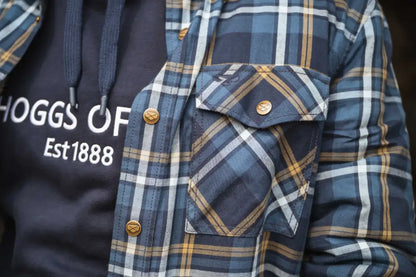 Plaid flannel shirt with navy, white, yellow accents under Hoggs of Fife Brunton Sherpa lined shacket