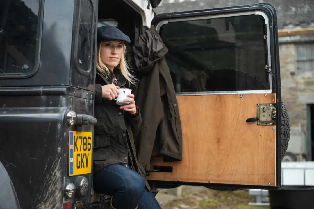 Hoggs of Fife Caledonia Ladies Wax Jacket with black leather look and water resistant qualities