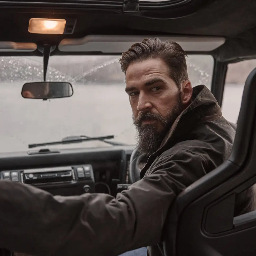Bearded man in a Hoggs of Fife Caledonia Men’s Wax Jacket, showcasing its water resistant qualities