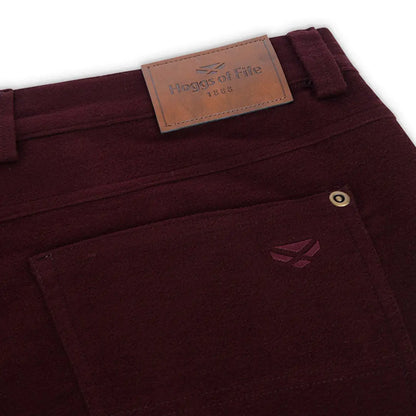 Hoggs of Fife Carrick Stretch Tech Moleskin Trousers with burgundy color and leather patch