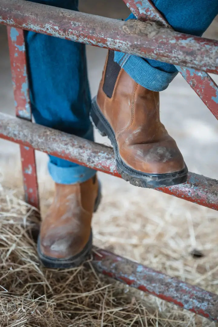 Brown leather Hoggs of Fife Classic D3 Waterproof Dealer Boots over blue jeans