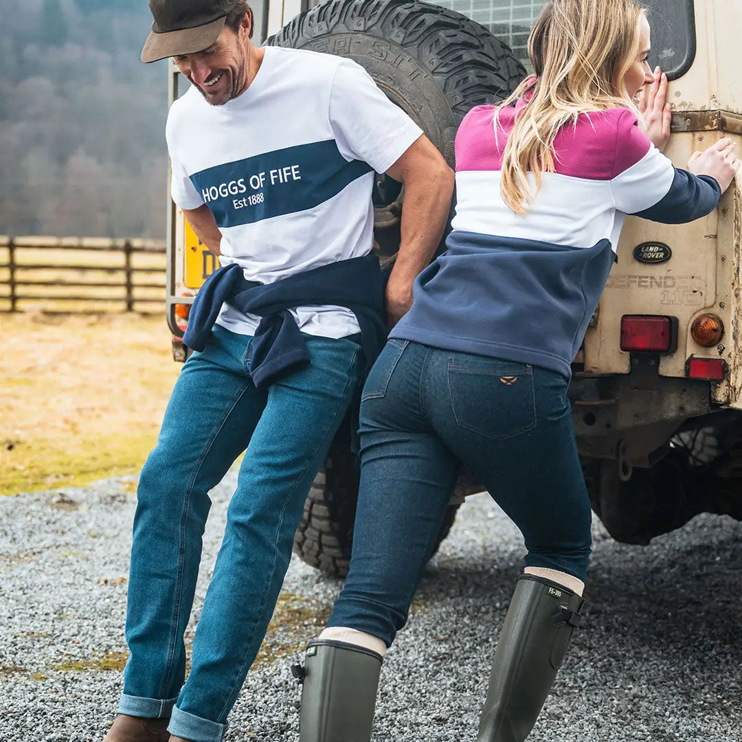 Two people leaning against a Land Rover in Fife Dalbeattie Colour Block T-Shirt
