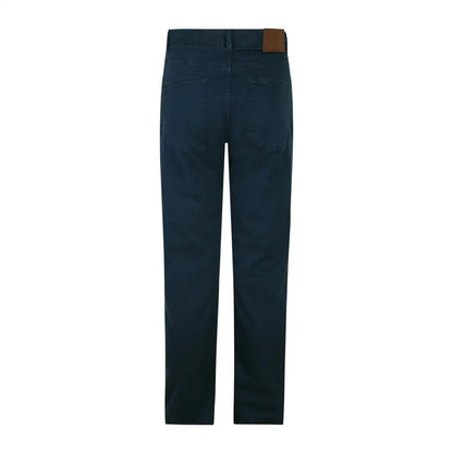 Dark blue Hoggs of Fife Dingwall Cotton Stretch Jeans with brown leather patch on waistband