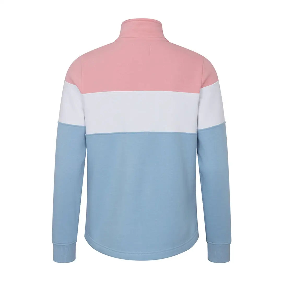 Colorblock turtleneck zip sweatshirt in pink, white, and blue for ladies quarter zip style