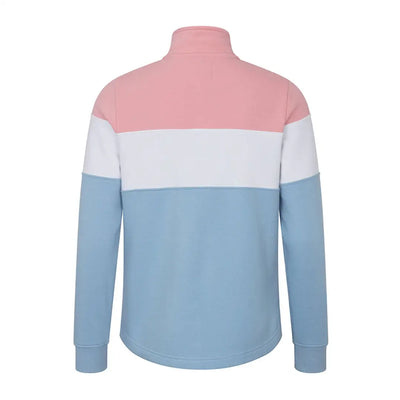 Colorblock turtleneck zip sweatshirt in pink, white, and blue for ladies quarter zip style